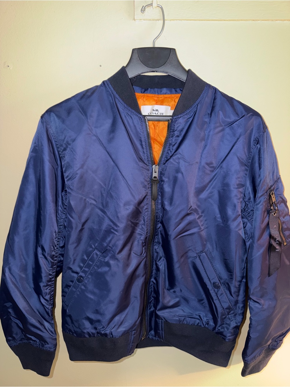 Coach Navy Bomber Jacket with Orange Lining Size M